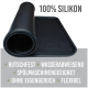 Gerollte schwarze Silikon-Tiermatte mit dem Text "100% SILIKON," die rutschfeste, wasserdichte, spülmaschinenfeste, geruchsneutrale und flexible Eigenschaften hervorhebt.