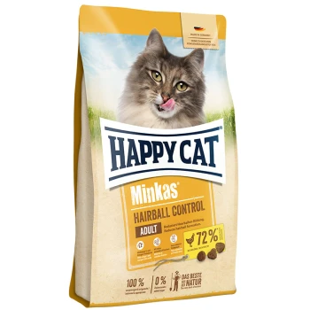 Happy Cat Minkas Hairball Control Hundefutterbeutel mit einer leckenden Katze auf der Vorderseite, die "Reduziert die Bildung von Haarballen" und 72% Fleischgehalt angibt.