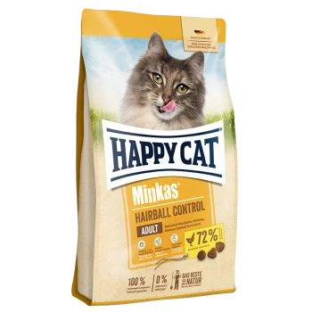 Happy Cat Minkas Hairball Control Hundefutterbeutel mit einer leckenden Katze auf der Vorderseite, die "Reduziert die Bildung von Haarballen" und 72% Fleischgehalt angibt.