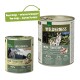 Zwei Hundefutterprodukte von Real Nature, beschriftet mit 'Wilderness Wide Territory', mit einem neuen Design. Die Dose zeigt 95% Fleischanteil und 0% Getreide.