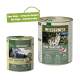 Zwei Hundefutterprodukte von Real Nature, beschriftet mit 'Wilderness Wide Territory', mit einem neuen Design. Die Dose zeigt 95% Fleischanteil und 0% Getreide.