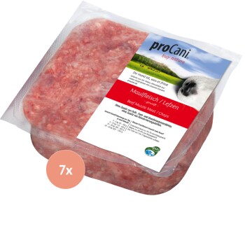 Rohes Rindfleisch für Hunde in einem klaren Behälter, gekennzeichnet mit "proCani buy nature," mit rotem und weißem Text für "Maufleisch / Leber" und natürlichen Zutaten.