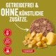 Fleischpastete mit gewürfelten Kartoffeln, deutscher Text 'GETREIDEFREI & OHNE KÜNSTLICHE ZUSÄTZE.' und Logo 'FLEISCHESLUST'.