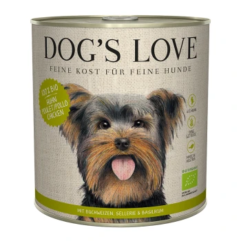 Eine Dose DOG'S LOVE Hundefutter mit einem lächelnden Yorkshire Terrier auf dem Etikett, mit Text, der angibt, dass es 100% Bio-Hühnchen ist.