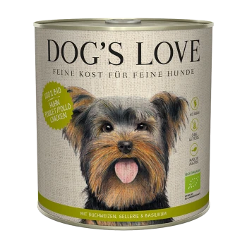 Eine Dose DOG'S LOVE Hundefutter mit einem lächelnden Yorkshire Terrier auf dem Etikett, mit Text, der angibt, dass es 100% Bio-Hühnchen ist.