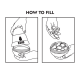 Two-panel line drawing: hands open a KONG toy and fill it with treats; "HOW TO FILL" header and "KONG" label visible.