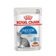Pochette de nourriture pour chat Royal Canin Indoor Sterilised, 85g, avec un chat gris sur le devant, étiqueté pour les chats adultes d'intérieur en sauce.