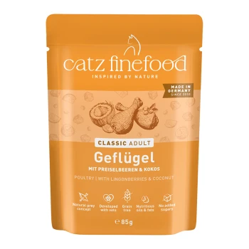 Oranger Catz Finefood-Beutel, Classic Adult „Geflügel“ mit Preiselbeeren und Kokos, Katzenfutter, 85 g