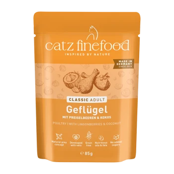 Oranger Catz Finefood-Beutel, Classic Adult „Geflügel“ mit Preiselbeeren und Kokos, Katzenfutter, 85 g