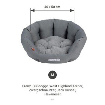 Hundebett geeignet für Rassen wie Beagle und Französische Bulldogge, mit den Abmessungen 50 cm Länge und 40 cm Breite, beschriftet mit "Doctor Bark."