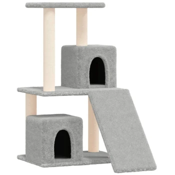 Grauer mehrstöckiger Kratzbaum für Katzen mit zwei geschlossenen Würfelflächen, einer Rampe und einer oberen Plattform zum Klettern und Entspannen.