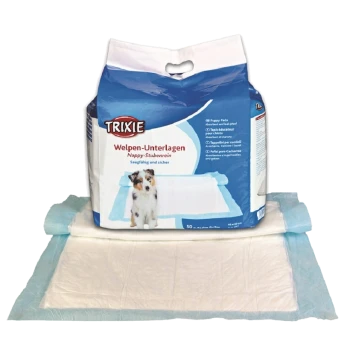 Packung mit Trixie Welpenunterlagen, beschriftet "Welpen-Unterlagen," mit einem kleinen Hundebild, mit 50 saugfähigen Pads in Blau und Weiß.