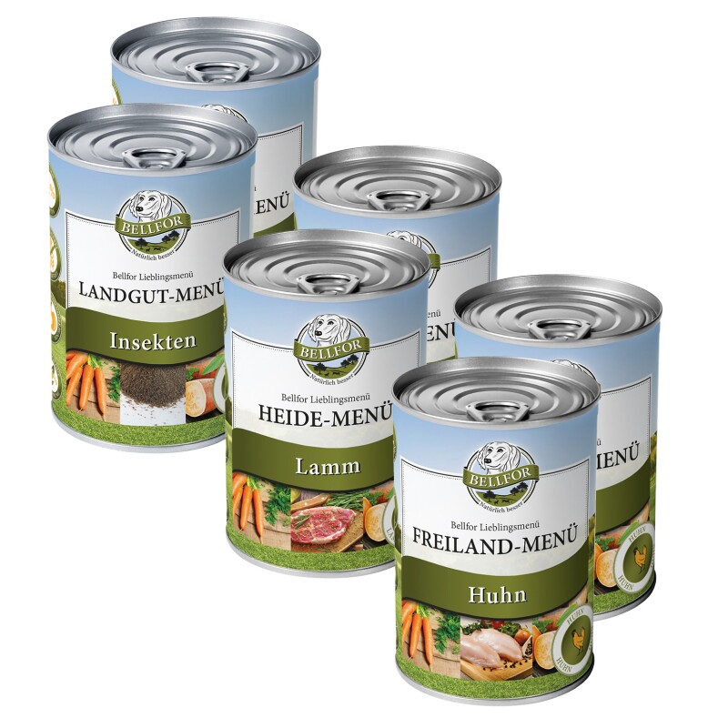 Bellfor Starter-Paket Hundefutter Nass mit Huhn, Lamm und Insekten - Freiland-Menü 2x400g + Heide-Menü 2x400g + Landgut-Menü 2x400g