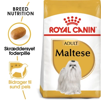 Royal Canin Adult Maltese Hundefutterbeutel mit einem Bild eines Maltesers, mit Text, der die Ernährungsbedürfnisse der Rasse und Vorteile für ein gesundes Fell hervorhebt.