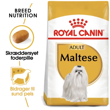 Royal Canin Adult Maltese Hundefutterbeutel mit einem Bild eines Maltesers, mit Text, der die Ernährungsbedürfnisse der Rasse und Vorteile für ein gesundes Fell hervorhebt.