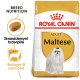 Royal Canin Adult Maltese Hundefutterbeutel mit einem Bild eines Maltesers, mit Text, der die Ernährungsbedürfnisse der Rasse und Vorteile für ein gesundes Fell hervorhebt.
