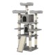 Grau mehrstöckiger Katzenbaum mit zwei oberen Sitzplätzen, zwei geschlossenen Räumen, Kratzpfosten und einer Rampe für einfachen Zugang.