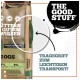 Hundefutterbeutel mit grünem Tragegriff, „THE GOOD STUFF“-Logo und deutschem Text „TRAGEGRIFF ZUM LEICHTEREN TRANSPORT!“.