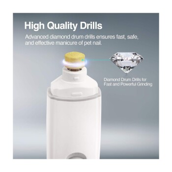Weißer Nagelfeiler für Haustiere mit goldenem Diamant-Trommelaufsatz auf grauem Hintergrund; sichtbarer Text 'High Quality Drills' und Produktangaben.