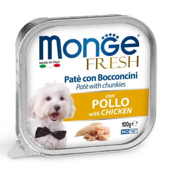 Mongé Fresh Patè con Bocconcini, 100g, mit Hühnerstückchen, beschriftet mit "Patè mit Stückchen" und "con POLLO mit HÜHNCHEN."