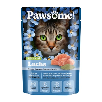 Katzenfutterbeutel mit einer Nahaufnahme des Gesichts einer Katze, blauen Blumen, beschriftet mit "Lachs," getreidefrei, mit Taurin und Vitaminen.