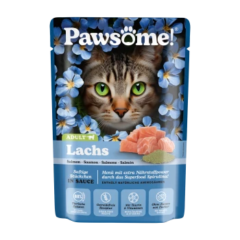Katzenfutterbeutel mit einer Nahaufnahme des Gesichts einer Katze, blauen Blumen, beschriftet mit "Lachs," getreidefrei, mit Taurin und Vitaminen.