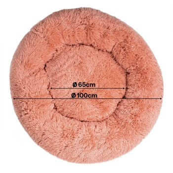 Runder Haustierbett in sanftem Pink, mit einem Durchmesser von 100 cm und einem inneren Kreis von 65 cm, mit flauschiger Textur und gemütlichem Design.
