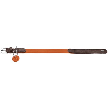 Oranges Lederhalsband mit dunkelbraunen Besätzen, silberner Schnalle, Verstelllöchern und rundem orangefarbenem ID-Anhänger.