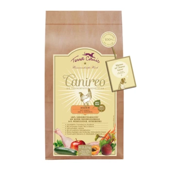 Canireo Adult Huhn 2,5 kg Braune Papiertüte mit Terra Canis Canireo Hundefutter, mit einer Hühnergrafik, '100% natürlich'-Etikett und Nährwertangaben.