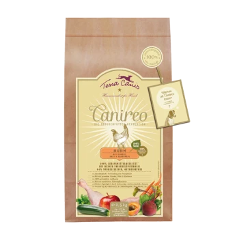 Braune Papiertüte mit Terra Canis Canireo Hundefutter, mit einer Hühnergrafik, '100% natürlich'-Etikett und Nährwertangaben.