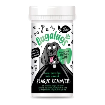 Behälter Bugalugs handgeernteter irischer Algen-Zahnsteinentferner für Hunde und Katzen, mit Cartoon-Hund und Produktvorteilen.