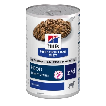Hill's Prescription Diet z/d Dosen-Hundefutter, entworfen für Nahrungsmittelunverträglichkeiten, mit einem vom Tierarzt empfohlenen Etikett.