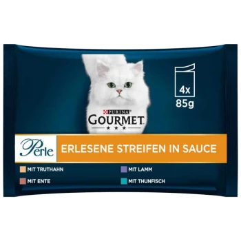 Verpackung von Purina Gourmet Katzenfutter mit einer weißen Katze, gekennzeichnet mit "Perle Erlesene Streifen in Sauce", mit Geschmacksrichtungen: Truthahn, Lamm, Ente und Thunfisch.