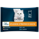 Emballage de nourriture pour chats Purina Gourmet avec un chat blanc, étiqueté "Perle Erlesene Streifen in Sauce", avec des saveurs : dinde, agneau, canard et thon.