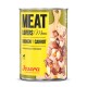 Dosenfutter für Haustiere mit der Aufschrift "Meat Lovers Menu", das Huhn und Karotte enthält, mit einem hellgelben Hintergrund und dem Markennamen "Josera."