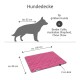 Rosa gestepptes Hundedecke mit grauem Rand, beschriftet mit "sauber | hygienisch | pflegeleicht," maschinenwaschbar bis 95°C, trocknergeeignet.