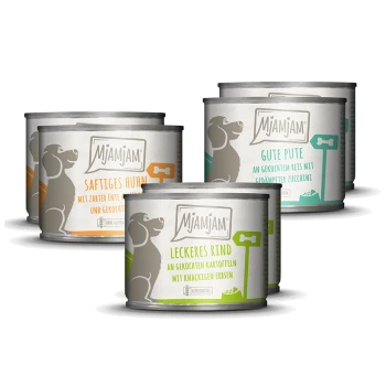Dosen mit Mjamjam Hundefutter mit Geschmacksrichtungen: Saftiges Huhn, Gute Pute und Leckeres Rind, mit Illustrationen eines Hundes und Zutatenangaben.