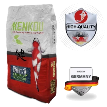 Kenkou Koi-Futterbeutel mit einem roten und weißen Koi-Fischdesign, beschriftet "Nr.1 ENERGIE & FARBE," mit "HOCHWERTIG" und "HERGESTELLT IN DEUTSCHLAND"-Siegeln.
