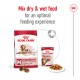 Royal Canin dog food packaging featuring a bag of dry food and a can of wet food, promoting mixing for optimal feeding experience.