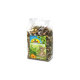 Un sac en plastique transparent rempli d'un mélange d'herbes et de graines séchées étiqueté 'JR FARM Degu-Spezial', présentant un cartoon de degus à l'avant.