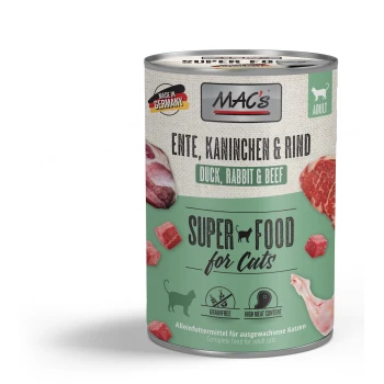 Dosenkatzenfutter mit der Aufschrift "MAC's Super Food for Cats", das Ente, Kaninchen und Rindfleisch enthält. Hervorhebung von getreidefreiem und hohem Fleischanteil.