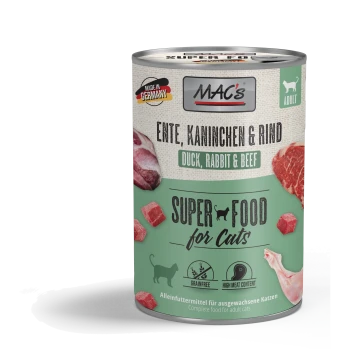 Dosenkatzenfutter mit der Aufschrift "MAC's Super Food for Cats", das Ente, Kaninchen und Rindfleisch enthält. Hervorhebung von getreidefreiem und hohem Fleischanteil.