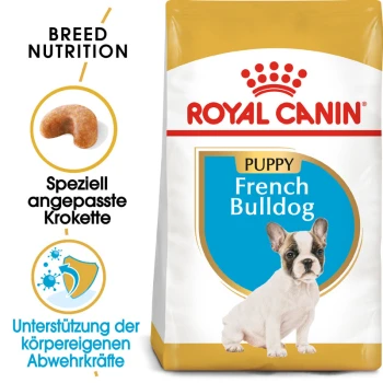 Französische Bulldogge Puppy 3 kg Royal Canin Welpenfutter für Französische Bulldoggen, mit einem Bild eines Welpen, Details zur rassespezifischen Ernährung und Unterstützung für die Immunabwehr.
