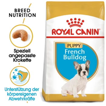 Royal Canin Welpenfutter für Französische Bulldoggen, mit einem Bild eines Welpen, Details zur rassespezifischen Ernährung und Unterstützung für die Immunabwehr.