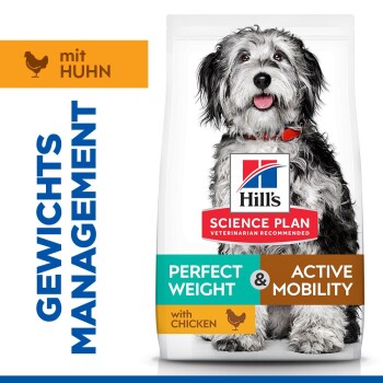 Hill's Science Plan Hundefutterbeutel mit einem schwarz-weißen Hund, beschriftet mit „Perfect Weight & Active Mobility mit Huhn“ auf Deutsch.