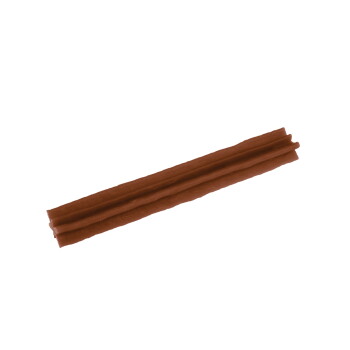 Long brown dog chew stick with layered ridged center, single pet treat on white background.