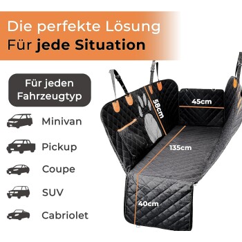 Haustierautositzbezug in Schwarz, 135 cm x 58 cm, geeignet für verschiedene Fahrzeugtypen wie Minivans und SUVs, mit verstellbaren Riemen.