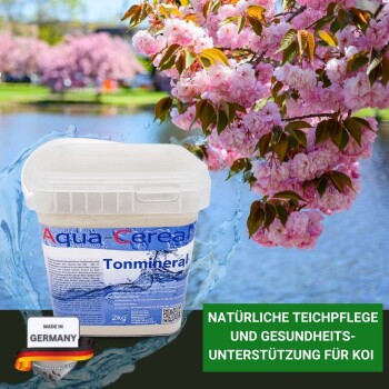 Aqua Cereal Tonmineral 2kg Behälter mit blauer Etikett, Wasser-Spritzgrafiken, Kirschblüten und Teich. Text: "NATÜRLICHE TEICHPFLEGE."