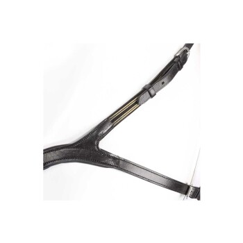 Schwarzes Haustiergeschirr mit verstellbaren Riemen und einem eleganten Design, mit einer Y-förmigen Vorderseite und einer silbernen Schnalle.