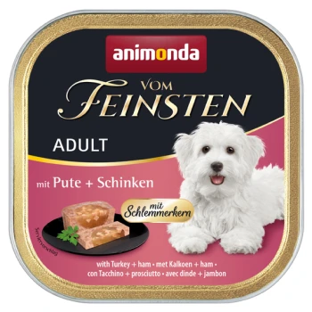Dose mit Nassfutter für Hunde mit einem weißen Hund auf dem Etikett, mit den Aufschriften 'animonda vom Feinsten' und 'Adult mit Pute + Schinken'.